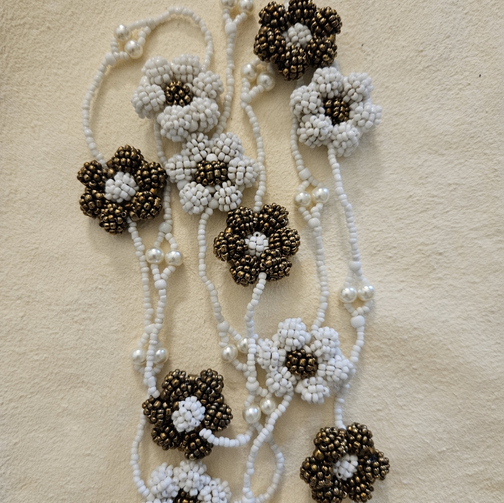 Handmade 3D Beaded Floral Lariat Necklace White & Bronze Seed Bead Flower Rope